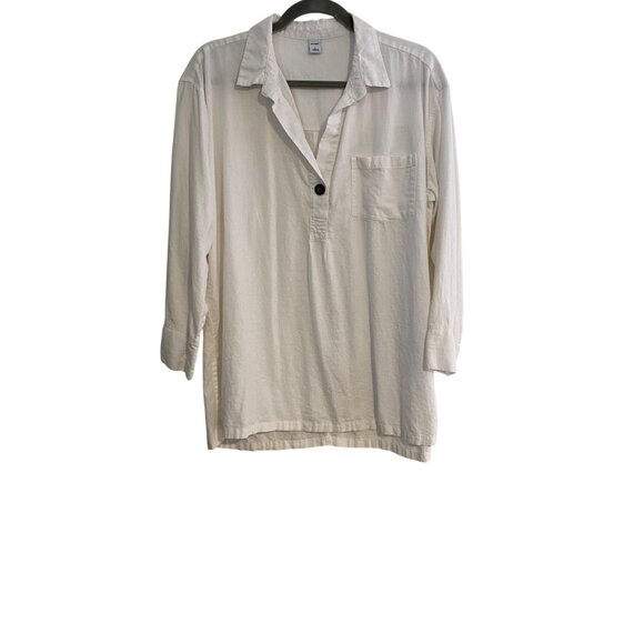Old Navy Women’s Popover Shirt L White Preppy Casual Linen Blend Top Hi Low Hem - Picture 1 of 16